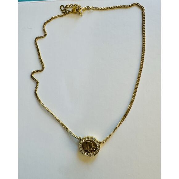 Authentic Christian Dior Gold-Tone Logo Necklace with Rhinestone Halo - Picture 1 of 5